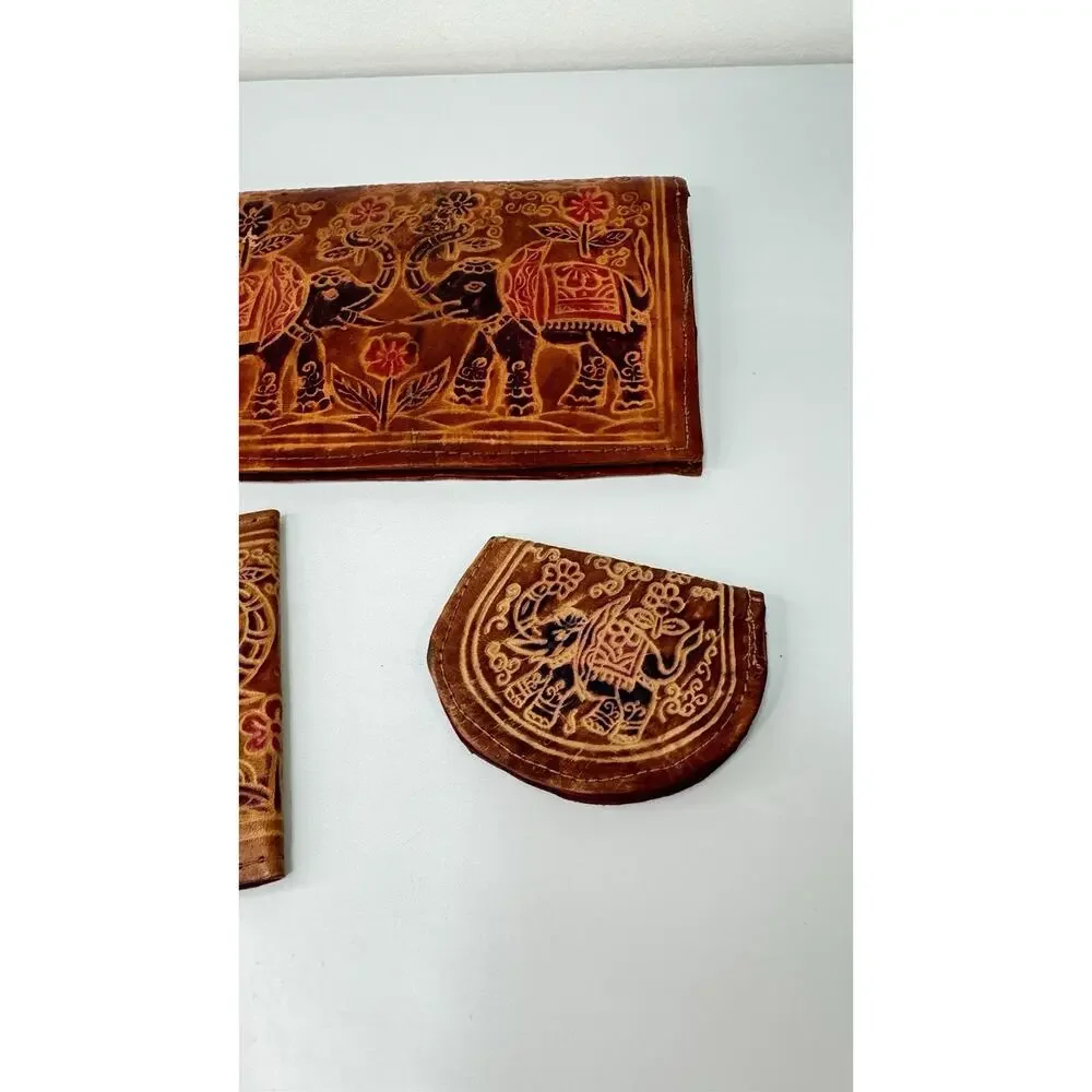 Vintage 3-Piece Leather Elephant Clutch Wallet Coin Hand Tooled India